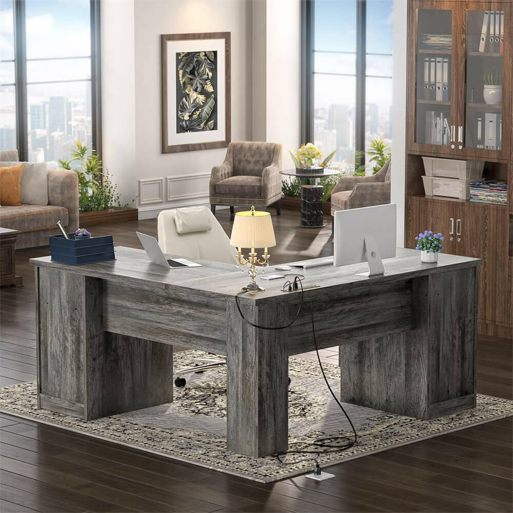 Unikito L Shaped Office Desk with Drawers, 60 Inch Corner Desk with Power Outlet and USB Charging Ports, Large Computer Desk with File Cabinets, Executive Desk with Storage Cabinet
