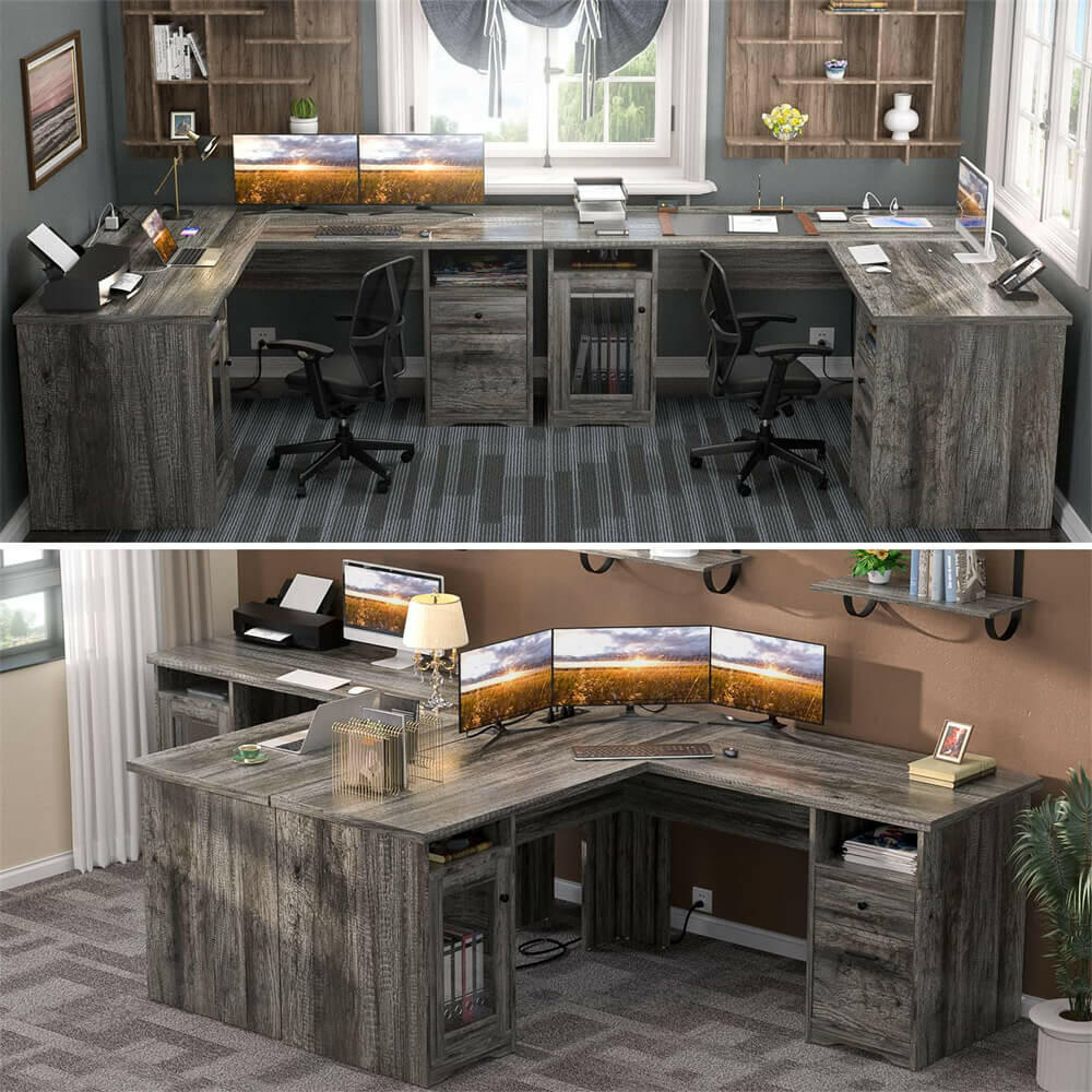 Unikito L Shaped Office Desk with Drawers, 60 Inch Corner Desk with Power Outlet and USB Charging Ports, Large Computer Desk with File Cabinets, Executive Desk with Storage Cabinet