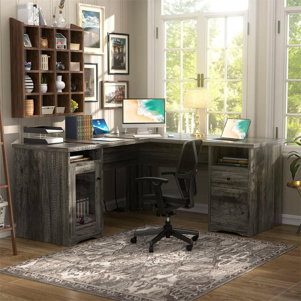 Unikito L Shaped Office Desk with Drawers, 60 Inch Corner Desk with Power Outlet and USB Charging Ports, Large Computer Desk with File Cabinets, Executive Desk with Storage Cabinet