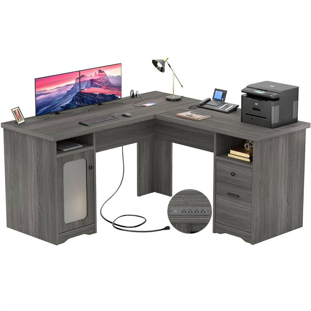 Unikito L Shaped Office Desk with Drawers, 60 Inch Corner Desk with Power Outlet and USB Charging Ports, Large Computer Desk with File Cabinets, Executive Desk with Storage Cabinet