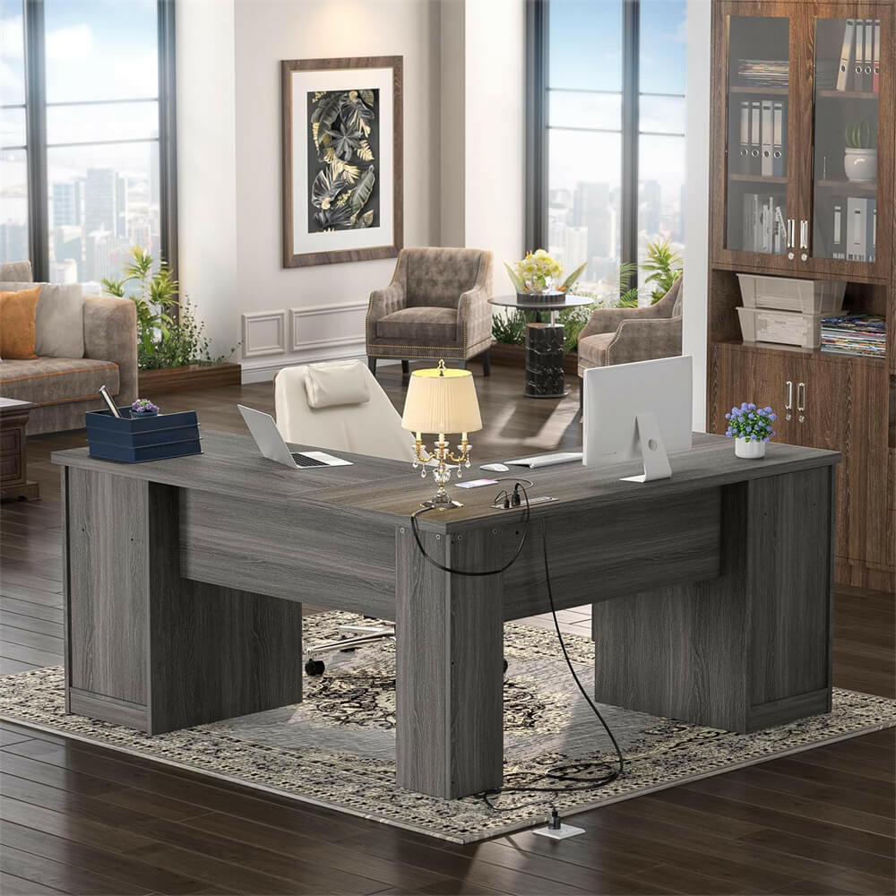 Unikito L Shaped Office Desk with Drawers, 60 Inch Corner Desk with Power Outlet and USB Charging Ports, Large Computer Desk with File Cabinets, Executive Desk with Storage Cabinet