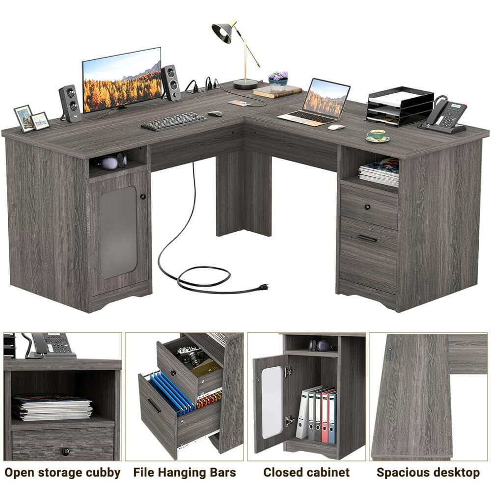 Unikito L Shaped Office Desk with Drawers, 60 Inch Corner Desk with Power Outlet and USB Charging Ports, Large Computer Desk with File Cabinets, Executive Desk with Storage Cabinet