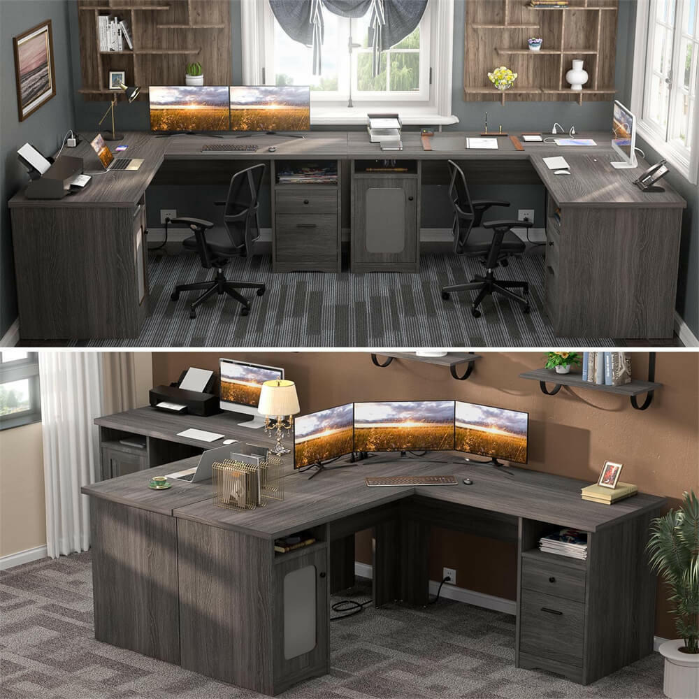 Unikito L Shaped Office Desk with Drawers, 60 Inch Corner Desk with Power Outlet and USB Charging Ports, Large Computer Desk with File Cabinets, Executive Desk with Storage Cabinet