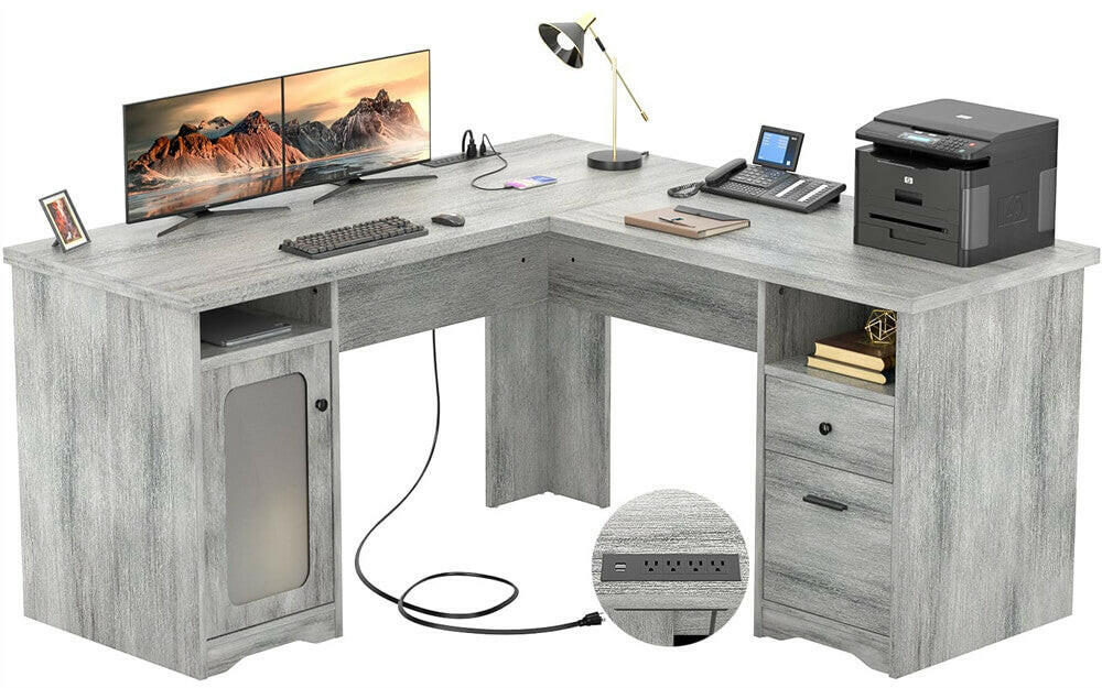 Unikito L Shaped Office Desk with Drawers, 60 Inch Corner Desk with Power Outlet and USB Charging Ports, Large Computer Desk with File Cabinets, Executive Desk with Storage Cabinet