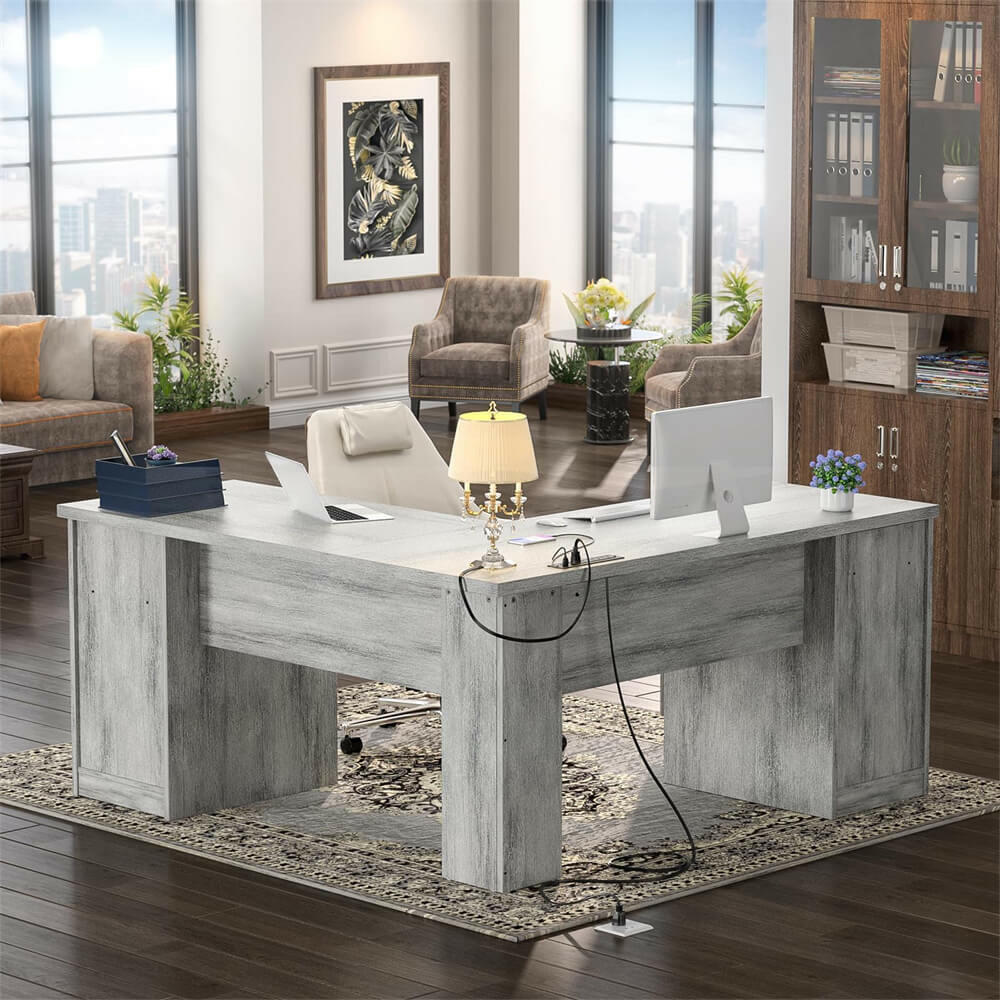 Unikito L Shaped Office Desk with Drawers, 60 Inch Corner Desk with Power Outlet and USB Charging Ports, Large Computer Desk with File Cabinets, Executive Desk with Storage Cabinet