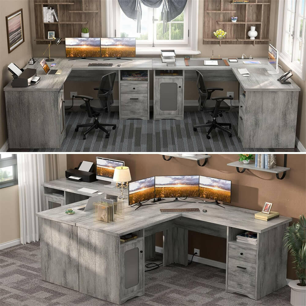 Unikito L Shaped Office Desk with Drawers, 60 Inch Corner Desk with Power Outlet and USB Charging Ports, Large Computer Desk with File Cabinets, Executive Desk with Storage Cabinet