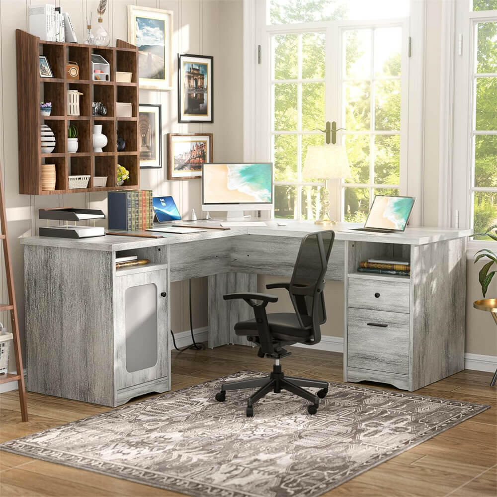 Unikito L Shaped Office Desk with Drawers, 60 Inch Corner Desk with Power Outlet and USB Charging Ports, Large Computer Desk with File Cabinets, Executive Desk with Storage Cabinet