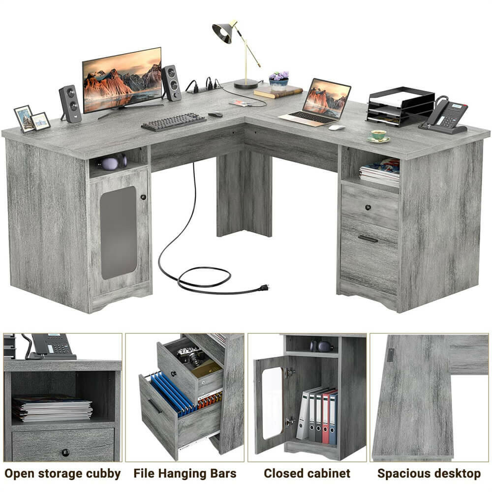 Unikito L Shaped Office Desk with Drawers, 60 Inch Corner Desk with Power Outlet and USB Charging Ports, Large Computer Desk with File Cabinets, Executive Desk with Storage Cabinet