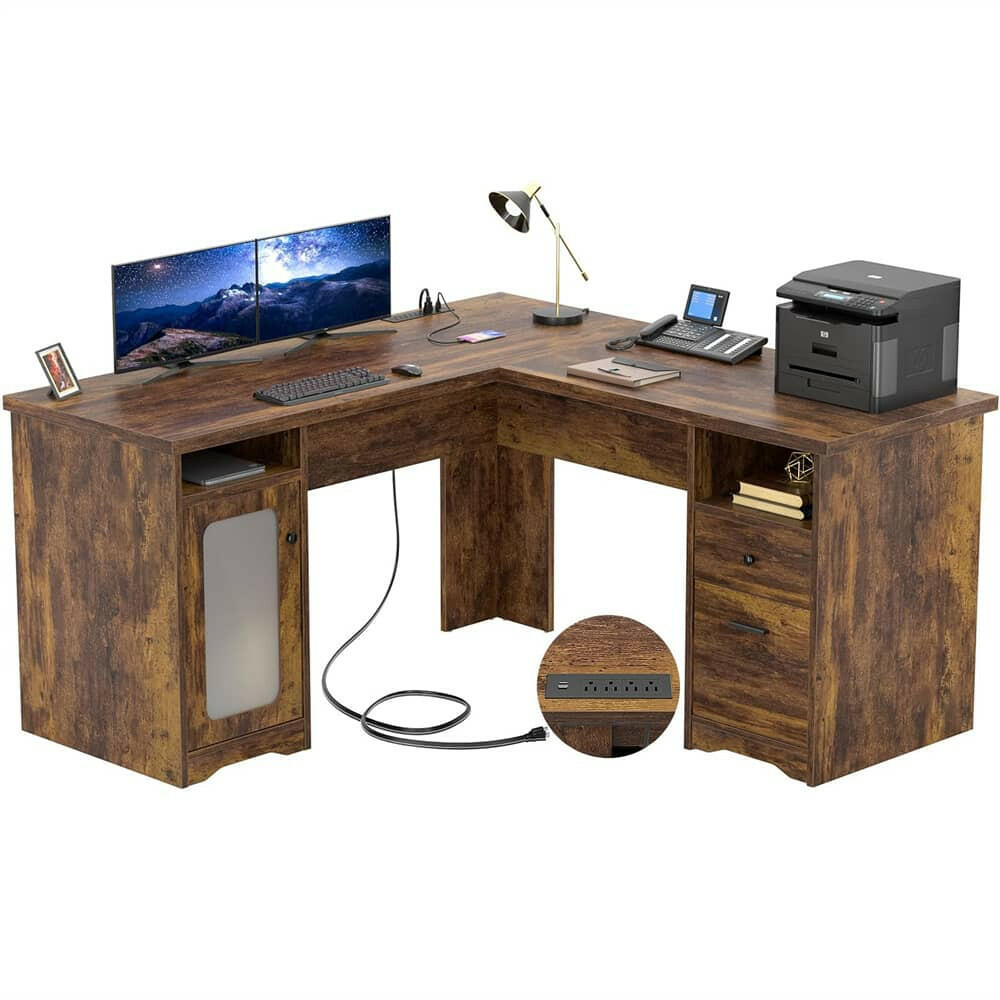 Unikito L Shaped Office Desk with Drawers, 60 Inch Corner Desk with Power Outlet and USB Charging Ports, Large Computer Desk with File Cabinets, Executive Desk with Storage Cabinet