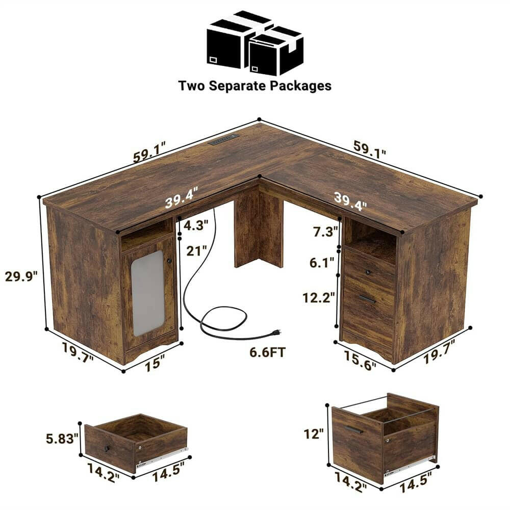 Unikito L Shaped Office Desk with Drawers, 60 Inch Corner Desk with Power Outlet and USB Charging Ports, Large Computer Desk with File Cabinets, Executive Desk with Storage Cabinet