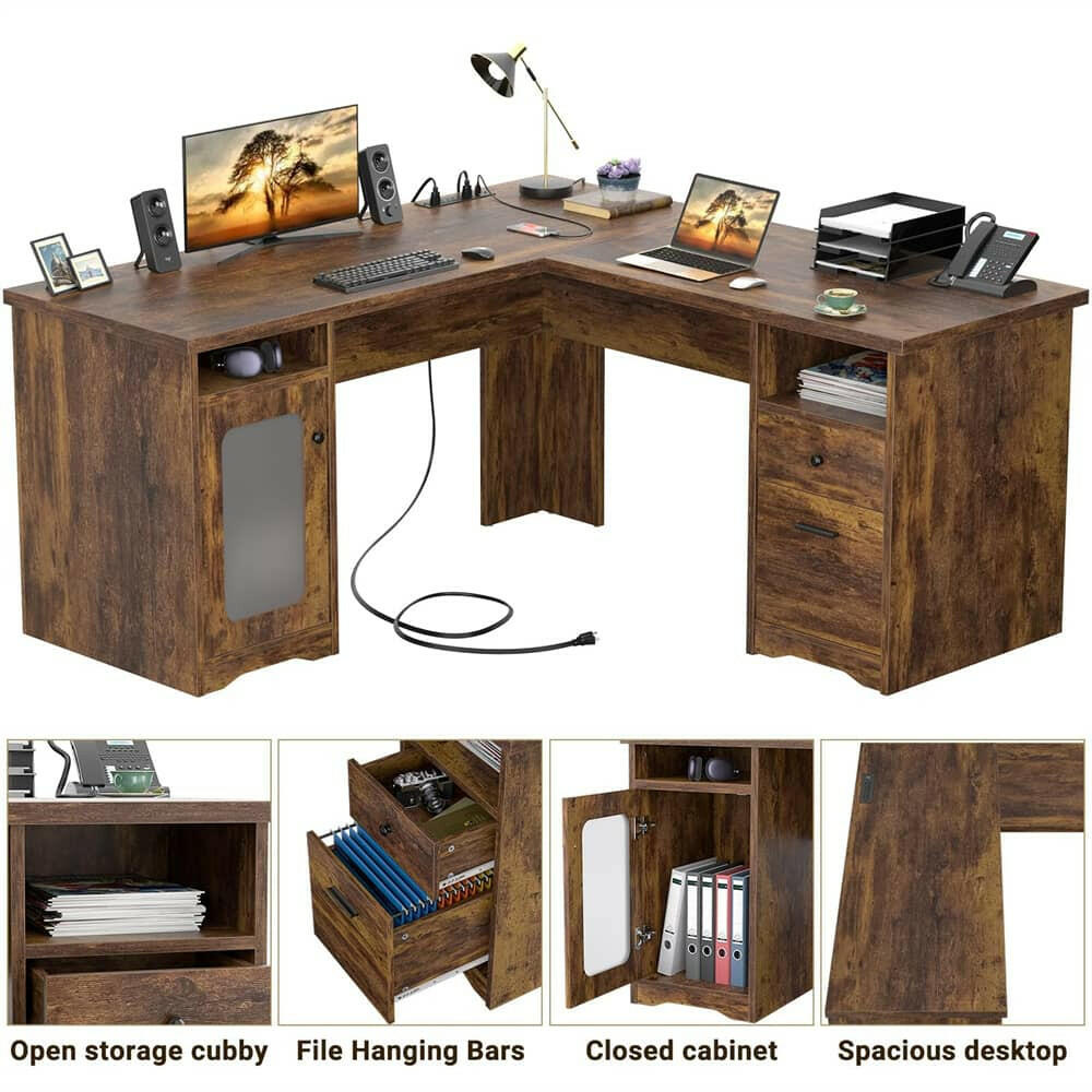 Unikito L Shaped Office Desk with Drawers, 60 Inch Corner Desk with Power Outlet and USB Charging Ports, Large Computer Desk with File Cabinets, Executive Desk with Storage Cabinet