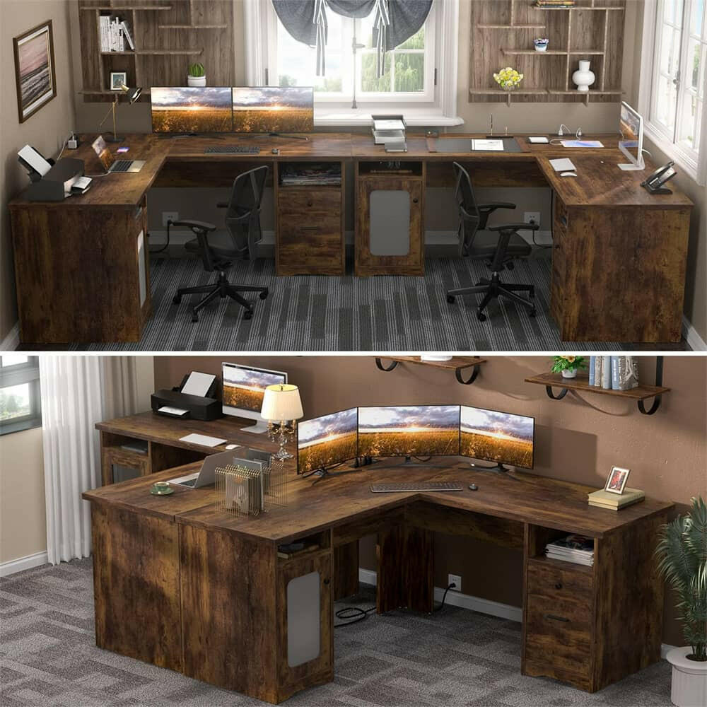 Unikito L Shaped Office Desk with Drawers, 60 Inch Corner Desk with Power Outlet and USB Charging Ports, Large Computer Desk with File Cabinets, Executive Desk with Storage Cabinet