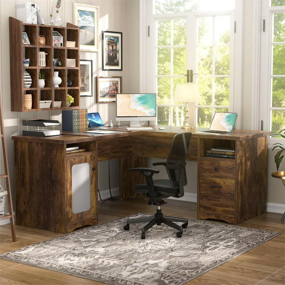 Unikito L Shaped Office Desk with Drawers, 60 Inch Corner Desk with Power Outlet and USB Charging Ports, Large Computer Desk with File Cabinets, Executive Desk with Storage Cabinet