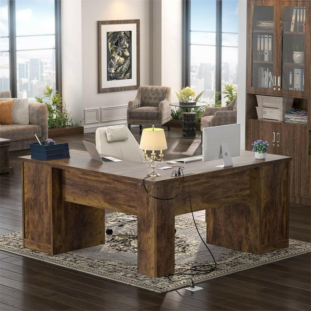Unikito L Shaped Office Desk with Drawers, 60 Inch Corner Desk with Power Outlet and USB Charging Ports, Large Computer Desk with File Cabinets, Executive Desk with Storage Cabinet