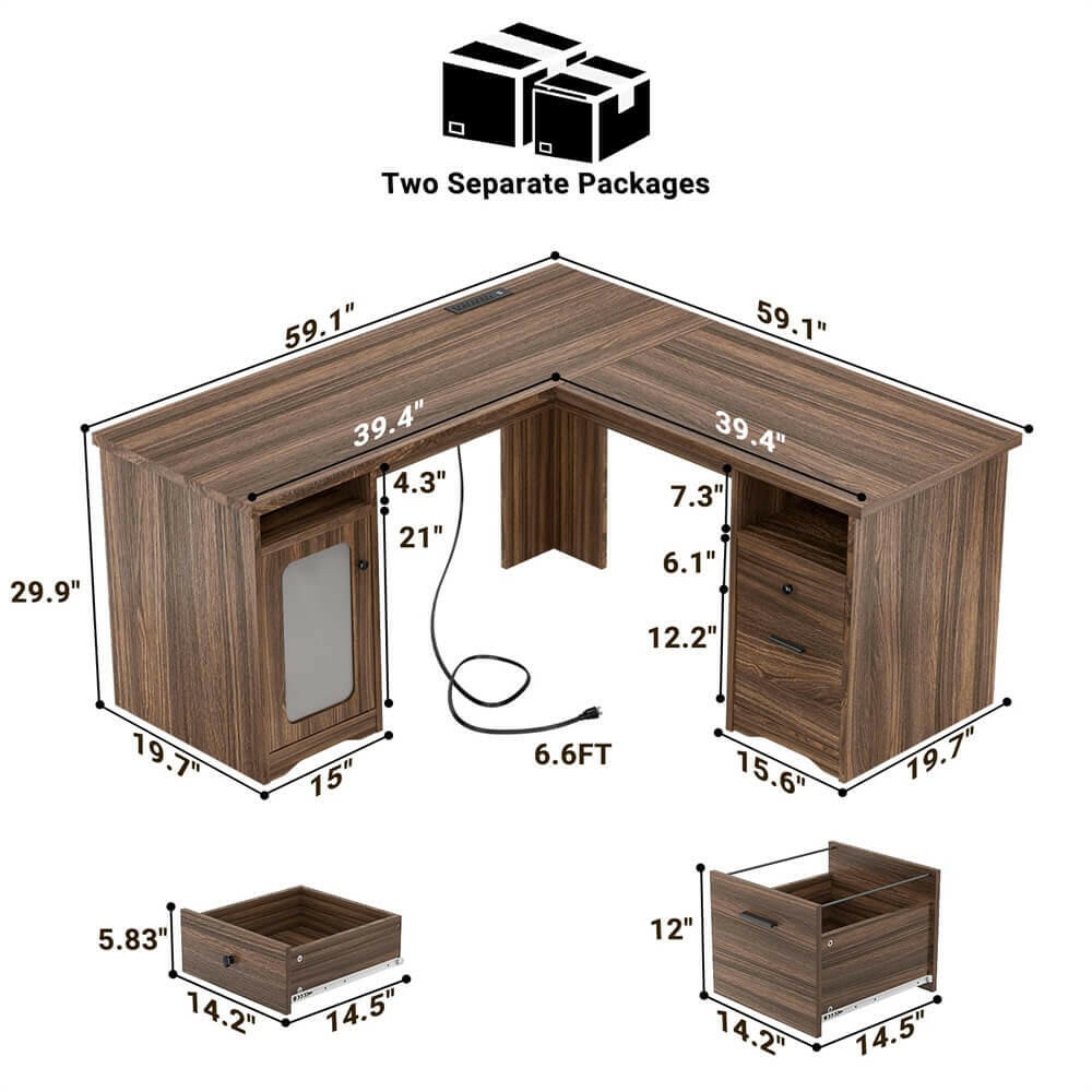 Unikito L Shaped Office Desk with Drawers, 60 Inch Corner Desk with Power Outlet and USB Charging Ports, Large Computer Desk with File Cabinets, Executive Desk with Storage Cabinet