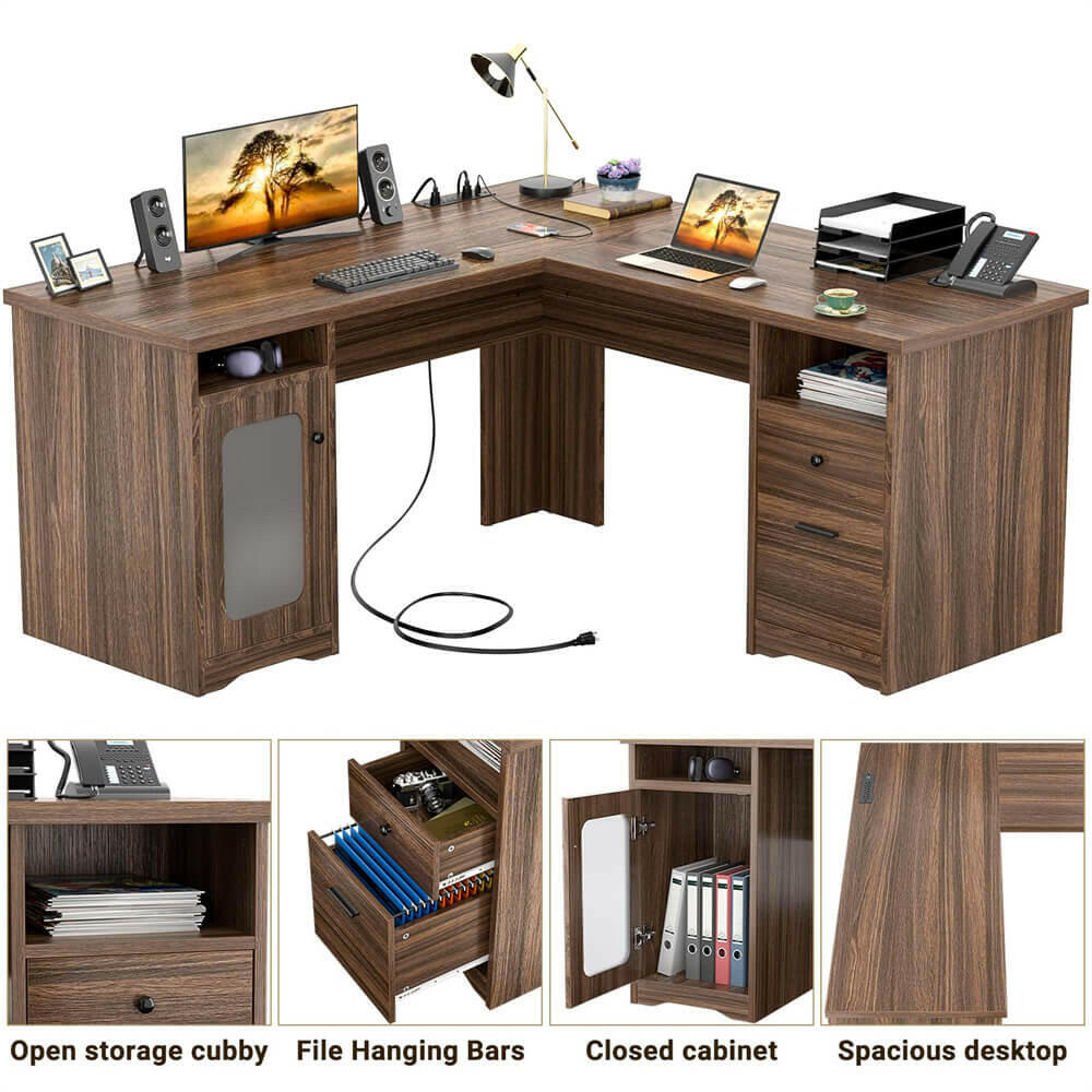Unikito L Shaped Office Desk with Drawers, 60 Inch Corner Desk with Power Outlet and USB Charging Ports, Large Computer Desk with File Cabinets, Executive Desk with Storage Cabinet
