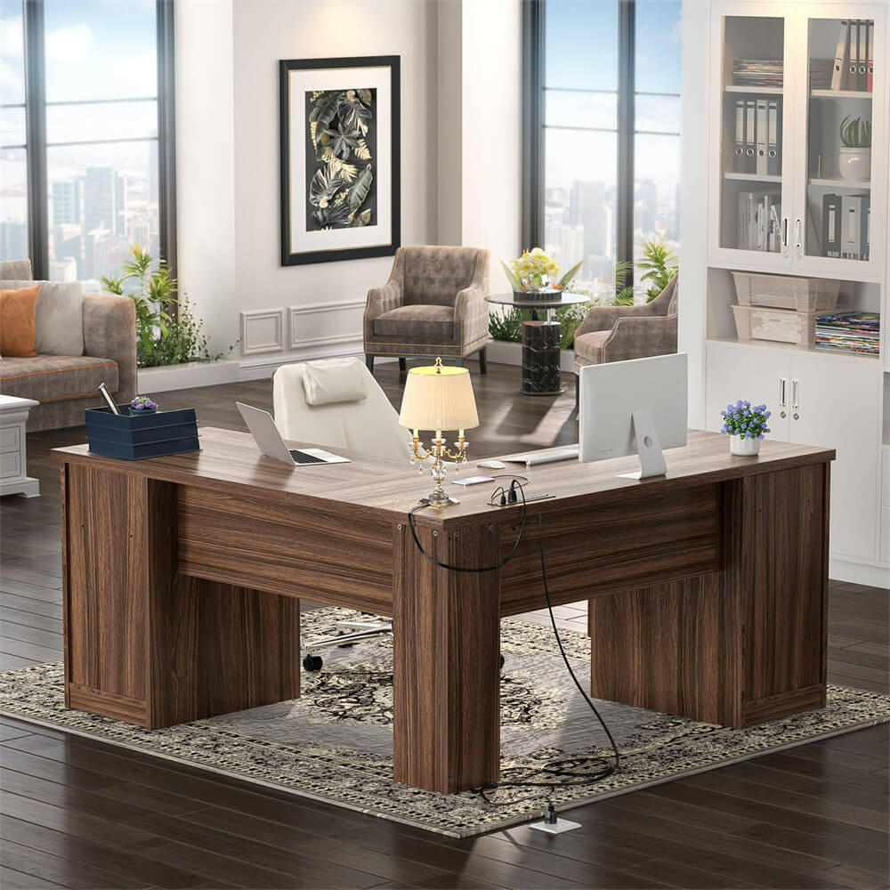 Unikito L Shaped Office Desk with Drawers, 60 Inch Corner Desk with Power Outlet and USB Charging Ports, Large Computer Desk with File Cabinets, Executive Desk with Storage Cabinet
