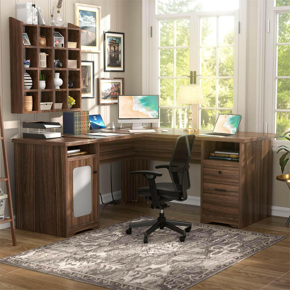 Unikito L Shaped Office Desk with Drawers, 60 Inch Corner Desk with Power Outlet and USB Charging Ports, Large Computer Desk with File Cabinets, Executive Desk with Storage Cabinet