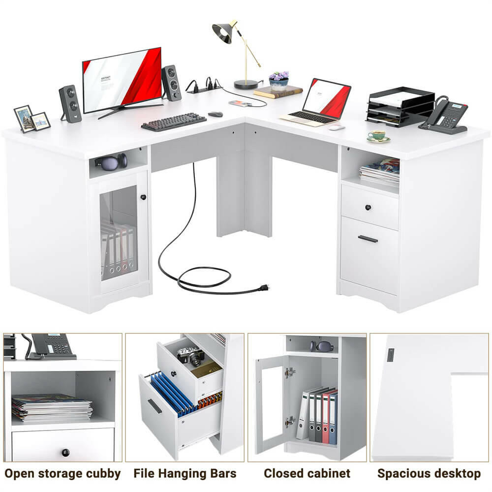 Unikito L Shaped Office Desk with Drawers, 60 Inch Corner Desk with Power Outlet and USB Charging Ports, Large Computer Desk with File Cabinets, Executive Desk with Storage Cabinet