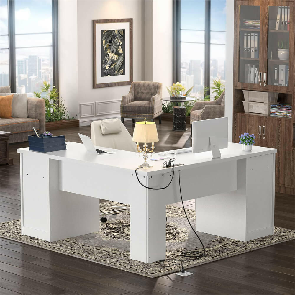 Unikito L Shaped Office Desk with Drawers, 60 Inch Corner Desk with Power Outlet and USB Charging Ports, Large Computer Desk with File Cabinets, Executive Desk with Storage Cabinet
