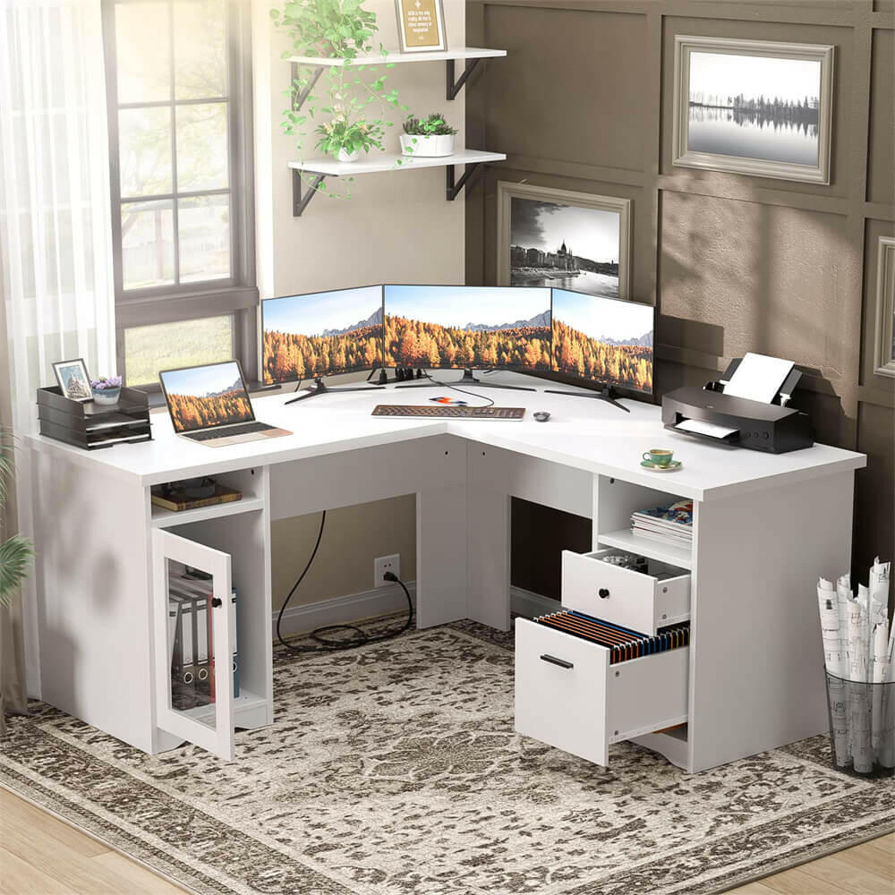 Unikito L Shaped Office Desk with Drawers, 60 Inch Corner Desk with Power Outlet and USB Charging Ports, Large Computer Desk with File Cabinets, Executive Desk with Storage Cabinet