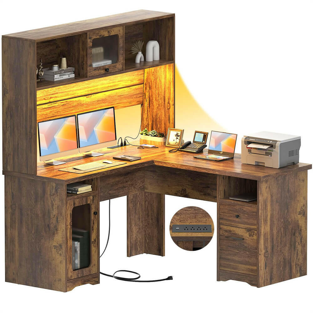 Unikito L Shaped Desk with Drawers, 60 Inch Office Desk with Power Outlet and LED Lights, Sturdy Corner Computer Desk with Hutch and File Cabinets, 2 Person Home Office Gaming Table