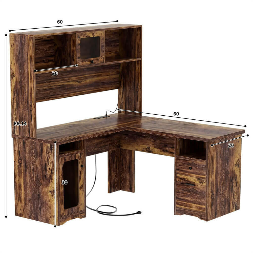 Unikito L Shaped Desk with Drawers, 60 Inch Office Desk with Power Outlet and LED Lights, Sturdy Corner Computer Desk with Hutch and File Cabinets, 2 Person Home Office Gaming Table
