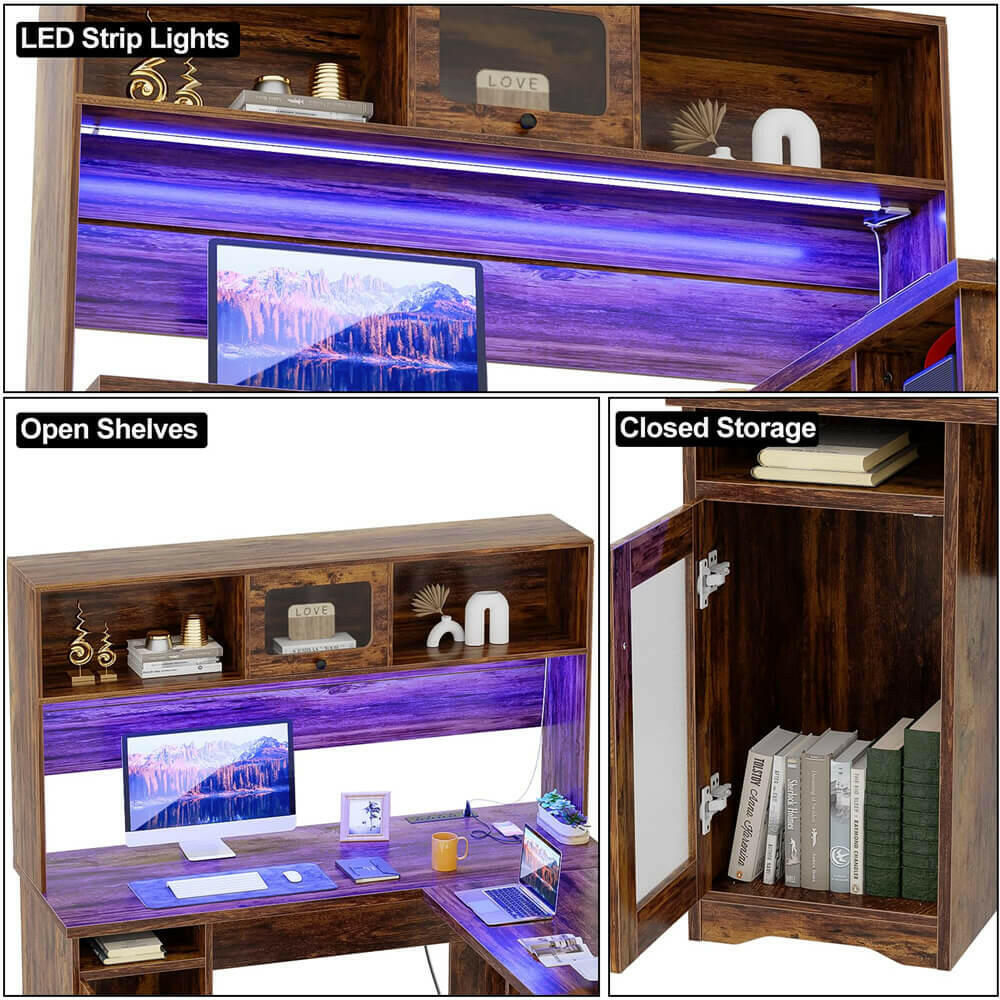 Unikito L Shaped Desk with Drawers, 60 Inch Office Desk with Power Outlet and LED Lights, Sturdy Corner Computer Desk with Hutch and File Cabinets, 2 Person Home Office Gaming Table