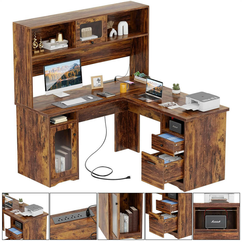 Unikito L Shaped Desk with Drawers, 60 Inch Office Desk with Power Outlet and LED Lights, Sturdy Corner Computer Desk with Hutch and File Cabinets, 2 Person Home Office Gaming Table