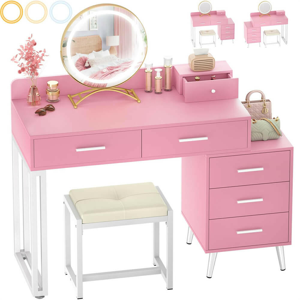 6 Drawer Makeup Vanity Desk with Stool, Lighted Mirror, Built-In Outlets