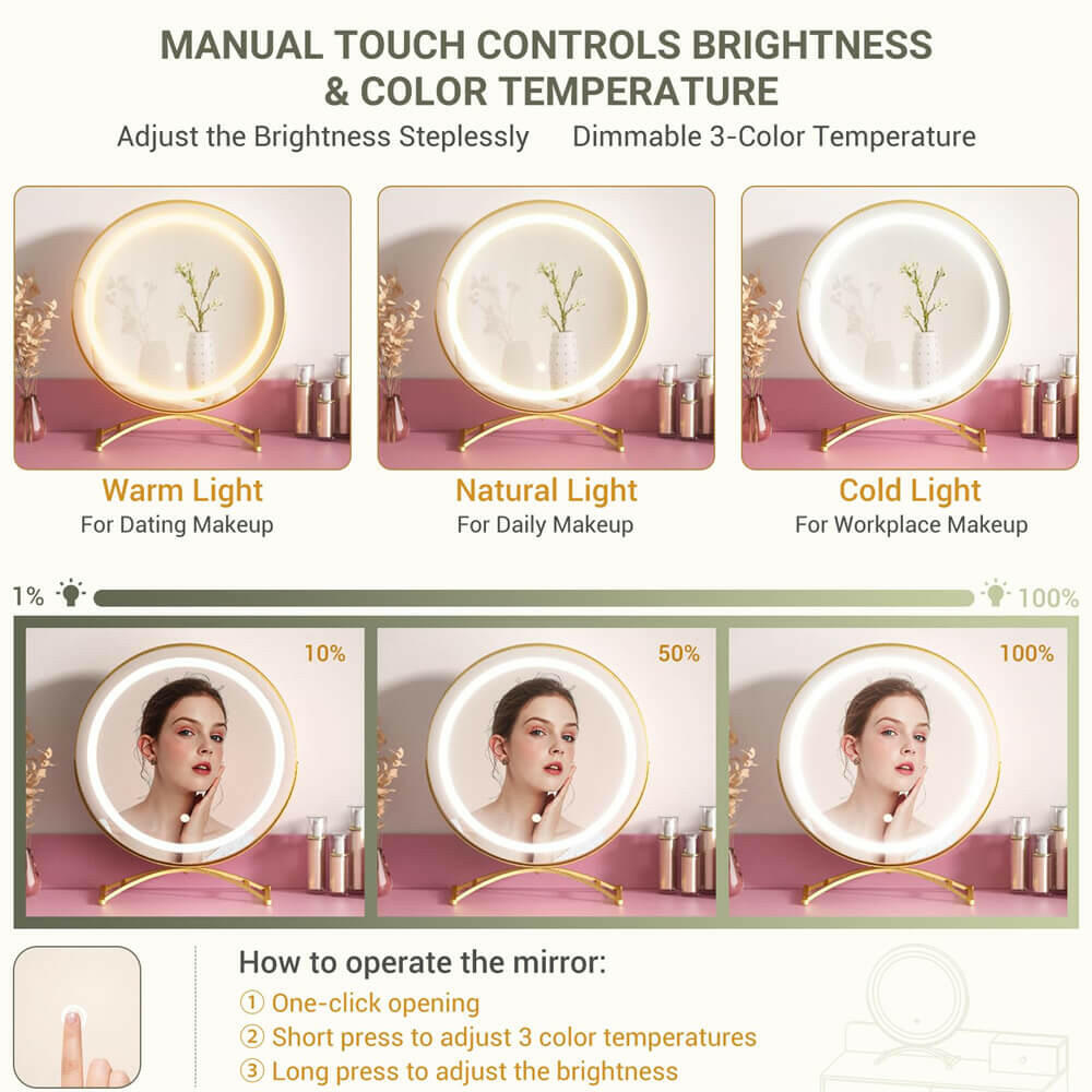 6 Drawer Makeup Vanity Desk with Stool, Lighted Mirror, Built-In Outlets