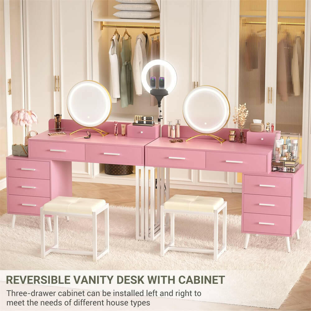 6 Drawer Makeup Vanity Desk with Stool, Lighted Mirror, Built-In Outlets