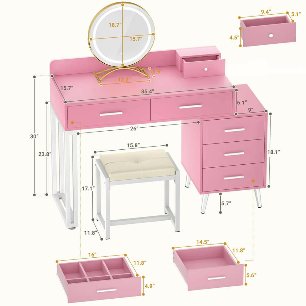 6 Drawer Makeup Vanity Desk with Stool, Lighted Mirror, Built-In Outlets