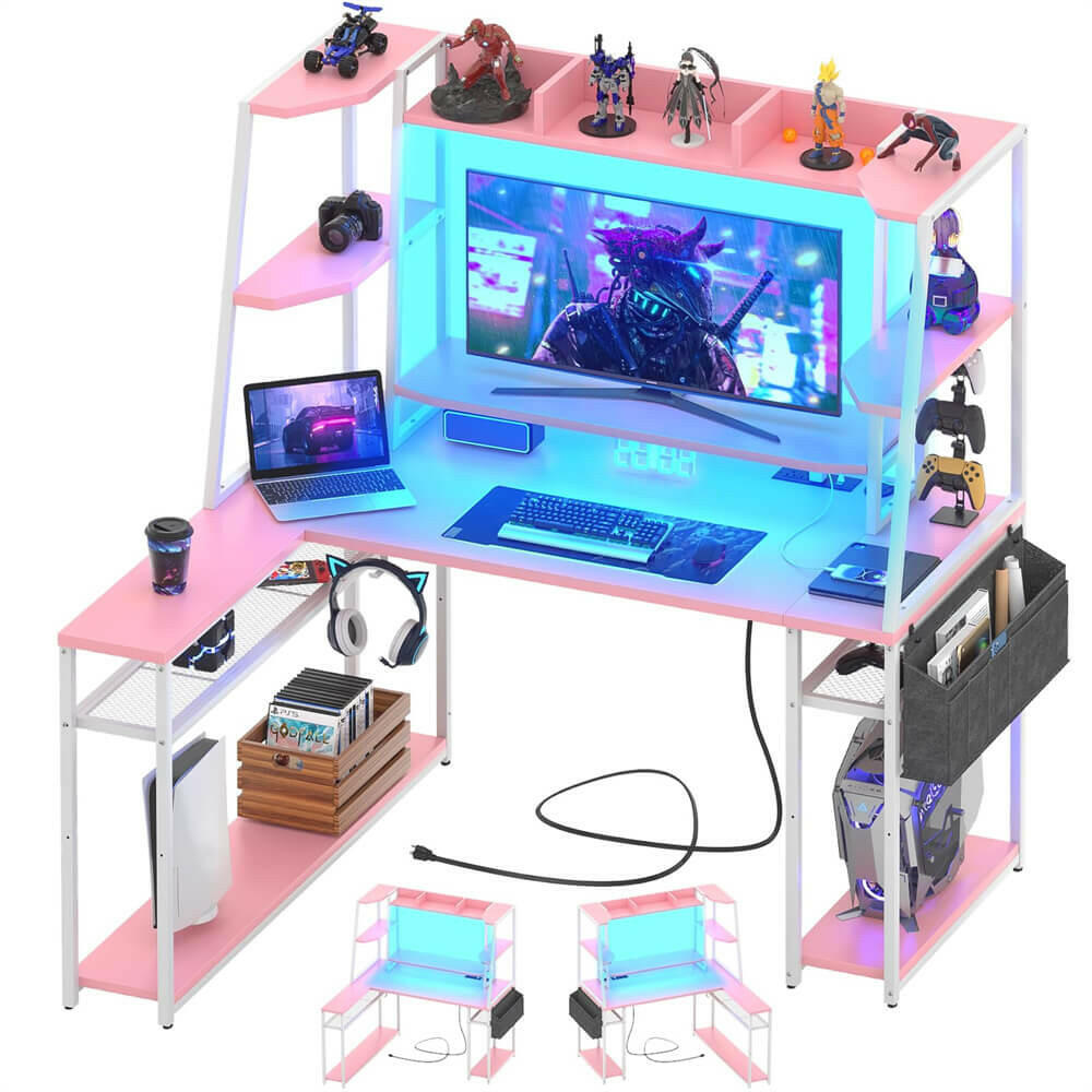 Unikito L Shaped Gaming Desk with Hutch & Shelves, 47'' Gaming Computer Desk with LED Lights & Power Strips, Reversible PC Gaming Desk L Shape with Storage, L Desk for Gaming with Monitor Stand