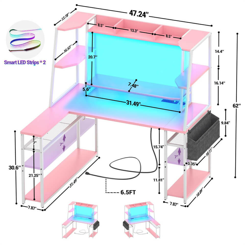 Unikito L Shaped Gaming Desk with Hutch & Shelves, 47'' Gaming Computer Desk with LED Lights & Power Strips, Reversible PC Gaming Desk L Shape with Storage, L Desk for Gaming with Monitor Stand