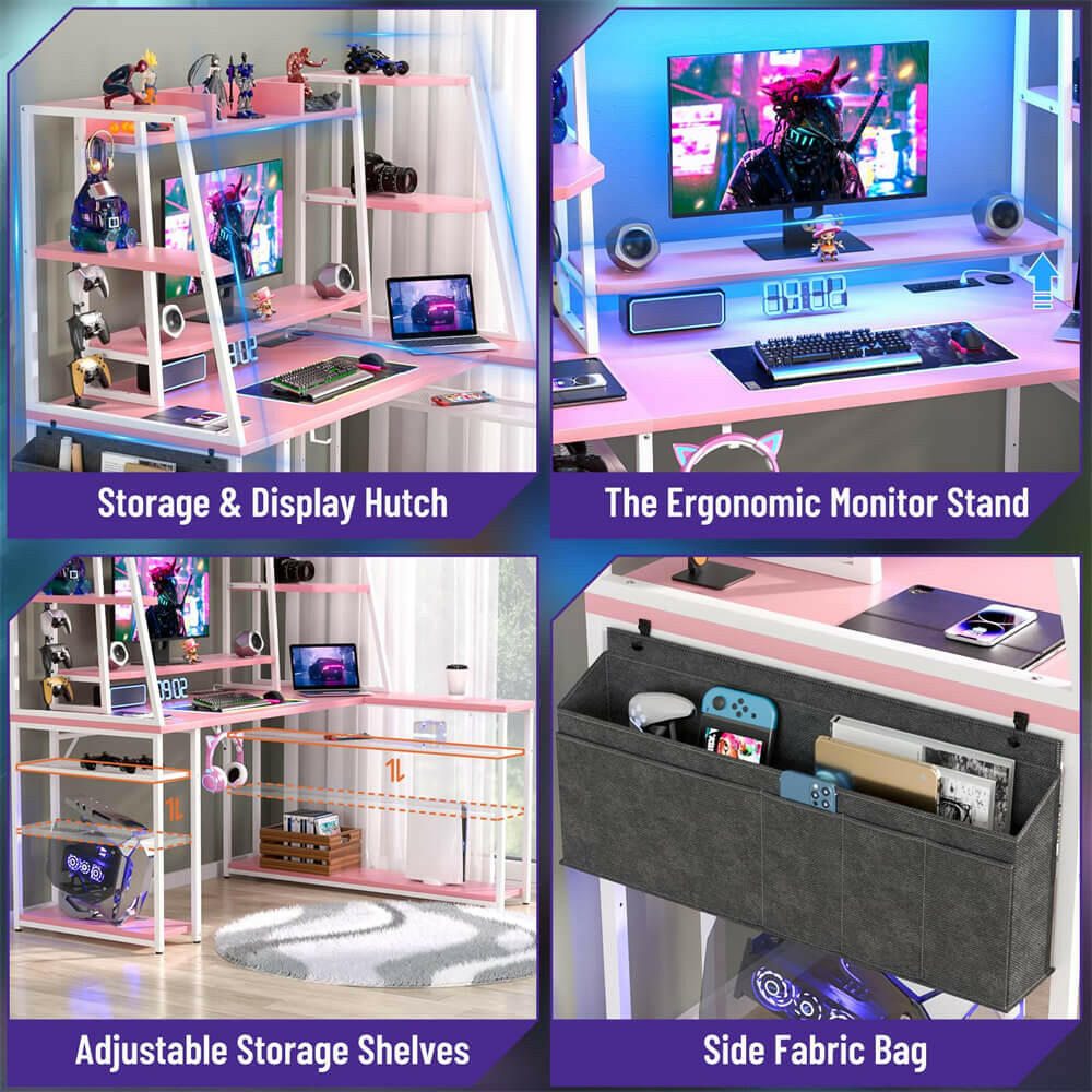 Unikito L Shaped Gaming Desk with Hutch & Shelves, 47'' Gaming Computer Desk with LED Lights & Power Strips, Reversible PC Gaming Desk L Shape with Storage, L Desk for Gaming with Monitor Stand