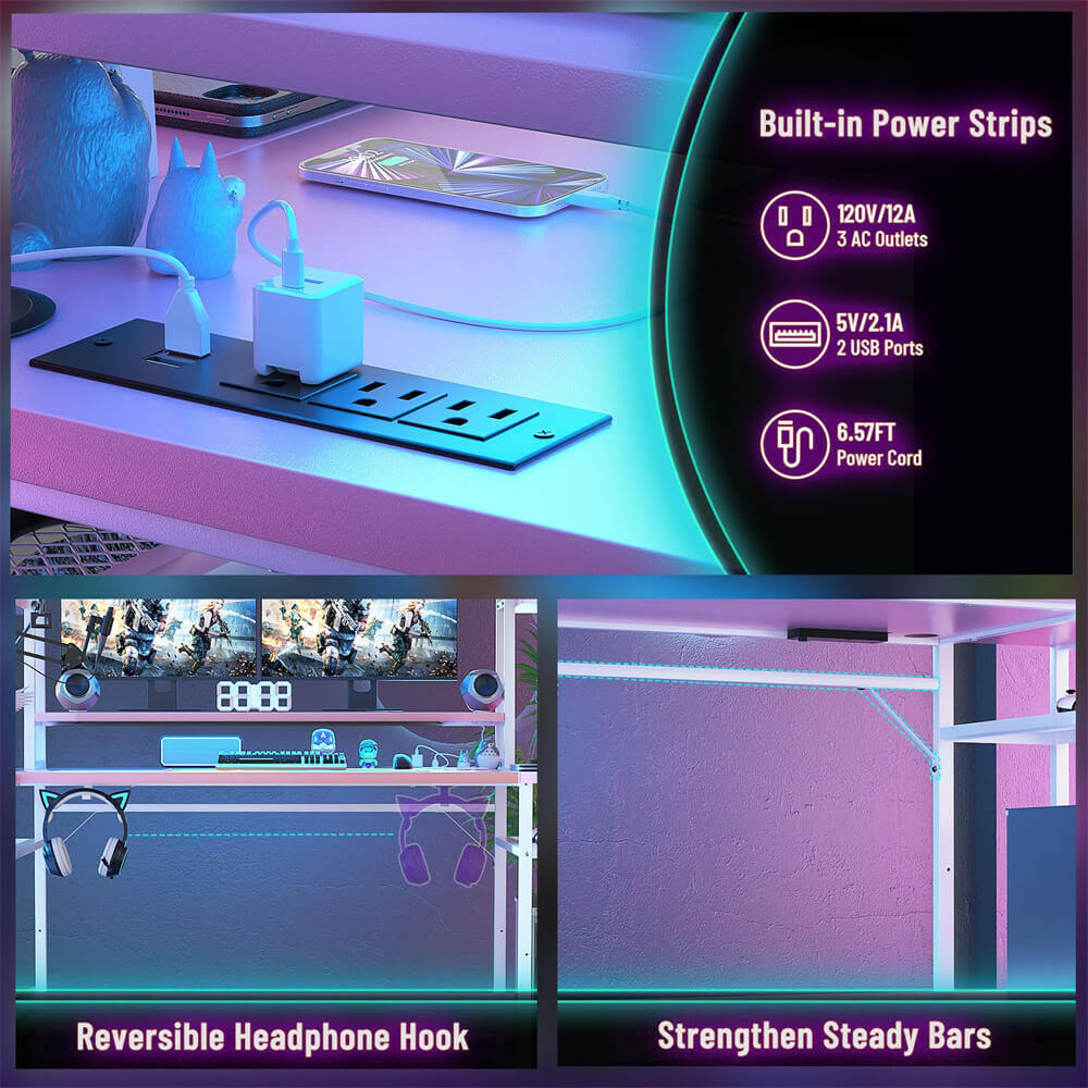 Unikito L Shaped Gaming Desk with Hutch & Shelves, 47'' Gaming Computer Desk with LED Lights & Power Strips, Reversible PC Gaming Desk L Shape with Storage, L Desk for Gaming with Monitor Stand