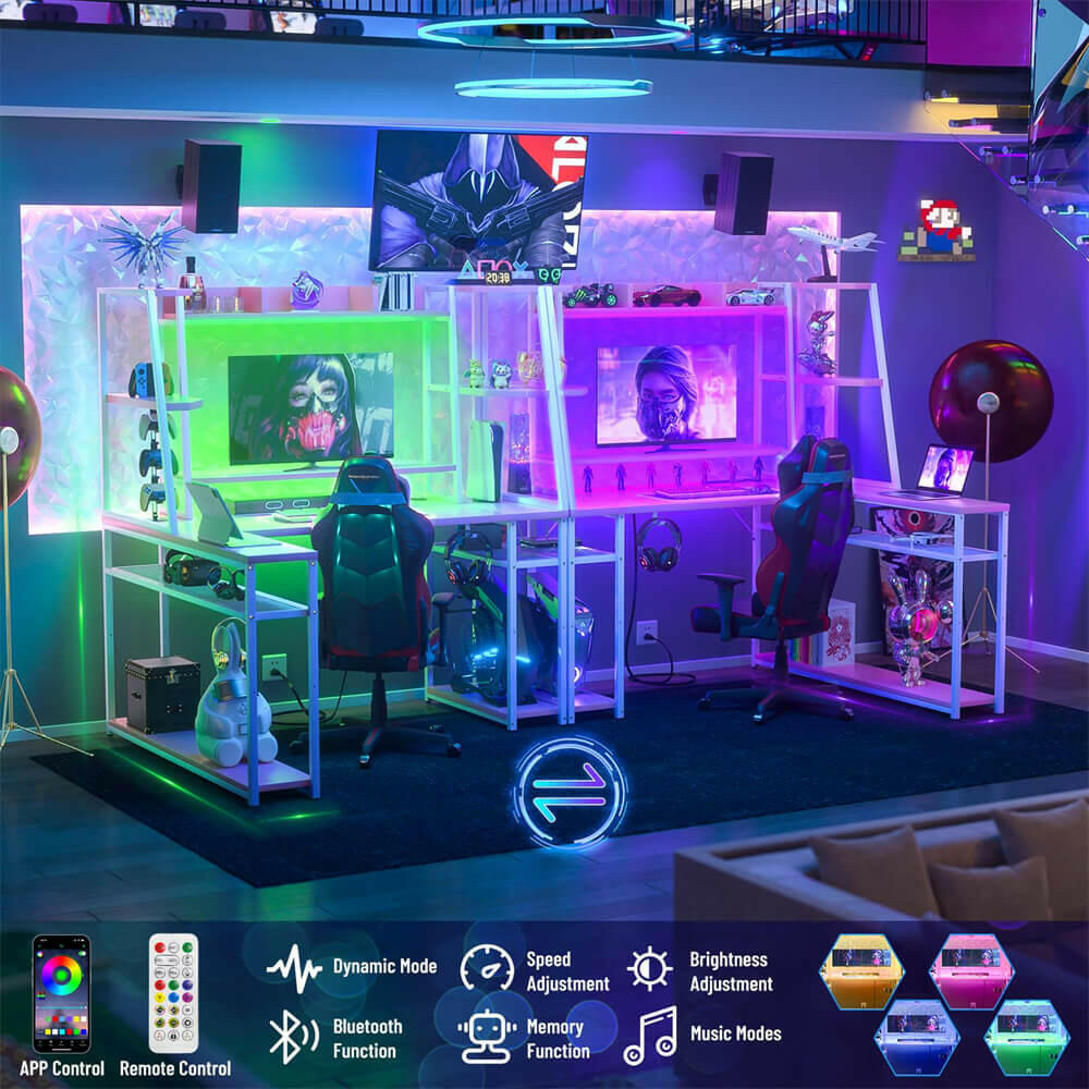 Unikito L Shaped Gaming Desk with Hutch & Shelves, 47'' Gaming Computer Desk with LED Lights & Power Strips, Reversible PC Gaming Desk L Shape with Storage, L Desk for Gaming with Monitor Stand