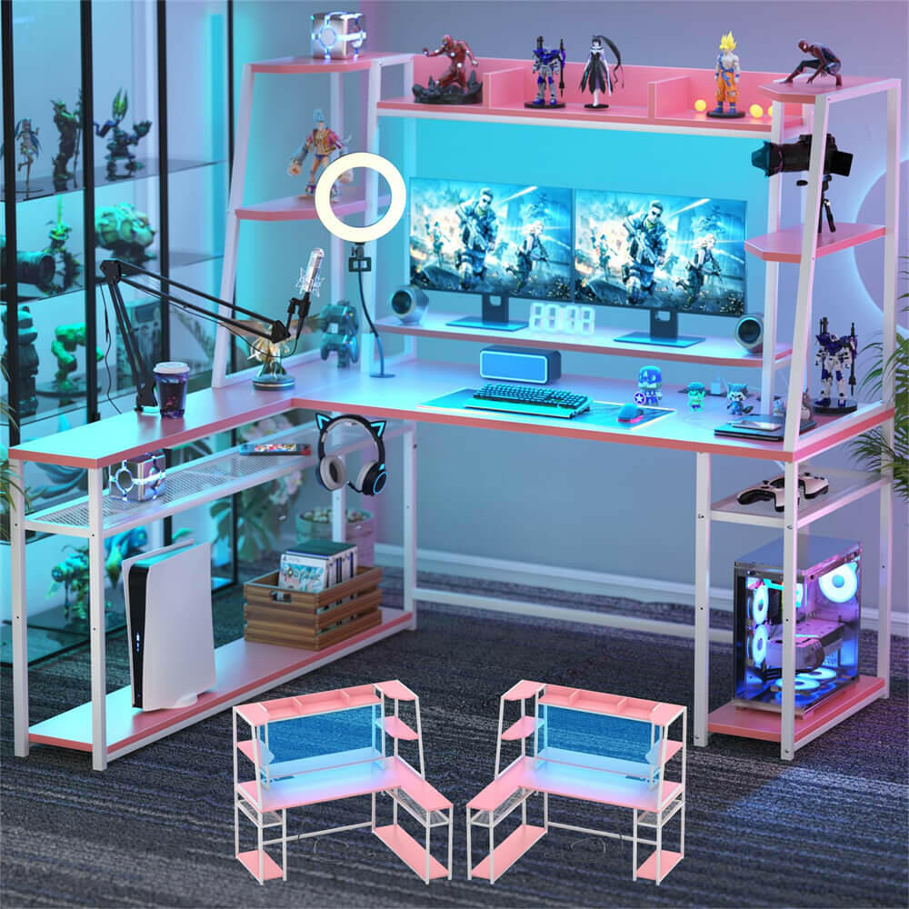 Unikito L Shaped Gaming Desk with LED Lights & Power Strips, 63'' Reversible Gaming Table Desk with Hutch, L-Shaped PC Gaming Desk with Storage, L Gamer Desk with Monitor Stand & Hook