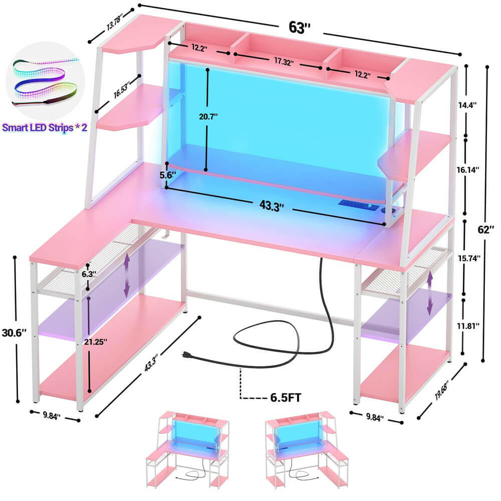 Unikito L Shaped Gaming Desk with LED Lights & Power Strips, 63'' Reversible Gaming Table Desk with Hutch, L-Shaped PC Gaming Desk with Storage, L Gamer Desk with Monitor Stand & Hook