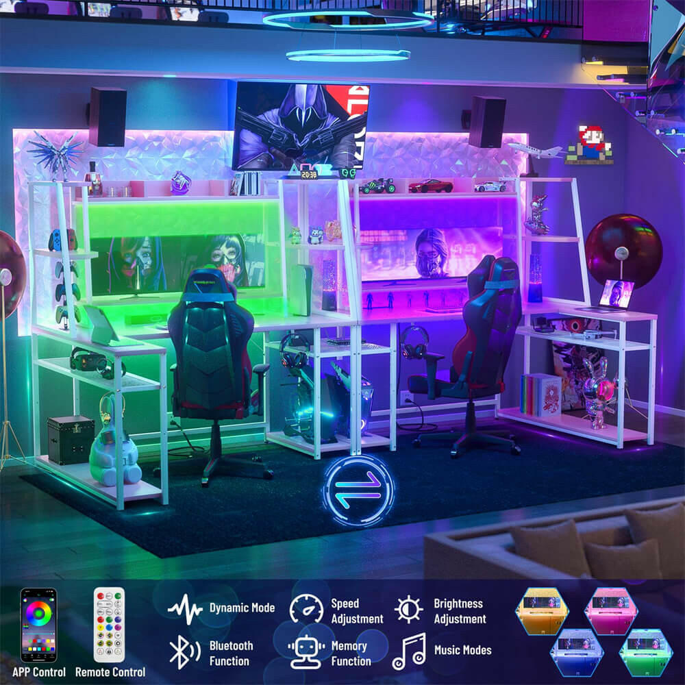 Unikito L Shaped Gaming Desk with LED Lights & Power Strips, 63'' Reversible Gaming Table Desk with Hutch, L-Shaped PC Gaming Desk with Storage, L Gamer Desk with Monitor Stand & Hook