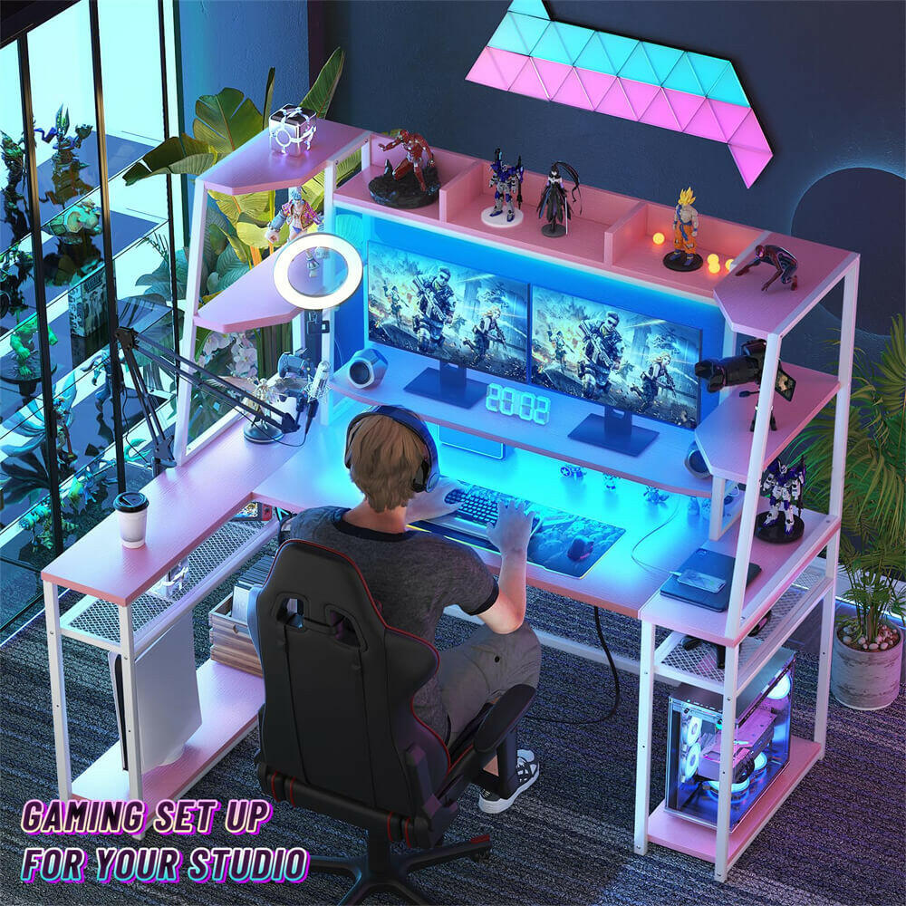 Unikito L Shaped Gaming Desk with LED Lights & Power Strips, 63'' Reversible Gaming Table Desk with Hutch, L-Shaped PC Gaming Desk with Storage, L Gamer Desk with Monitor Stand & Hook