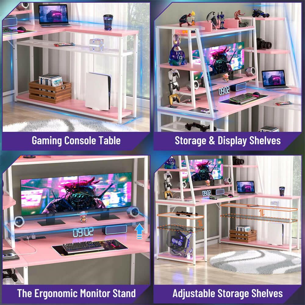 Unikito L Shaped Gaming Desk with LED Lights & Power Strips, 63'' Reversible Gaming Table Desk with Hutch, L-Shaped PC Gaming Desk with Storage, L Gamer Desk with Monitor Stand & Hook