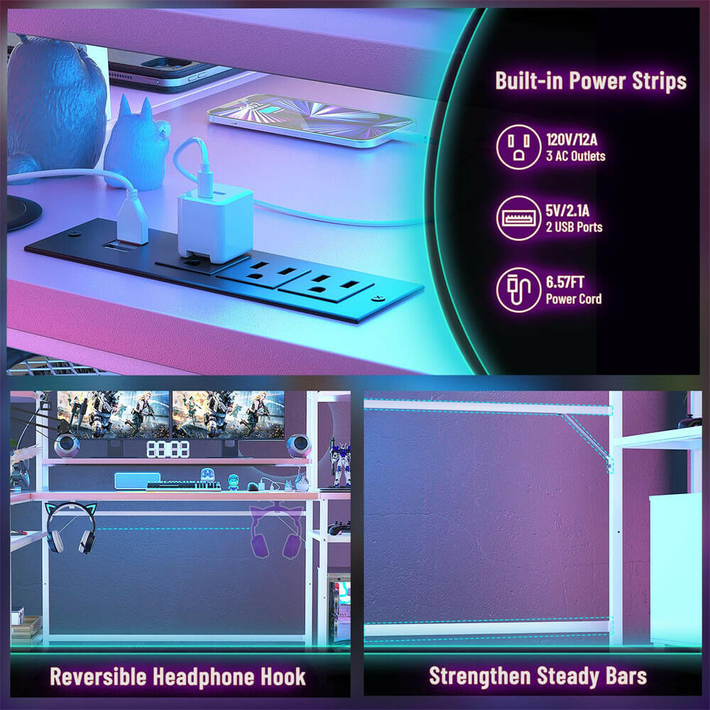 Unikito L Shaped Gaming Desk with LED Lights & Power Strips, 63'' Reversible Gaming Table Desk with Hutch, L-Shaped PC Gaming Desk with Storage, L Gamer Desk with Monitor Stand & Hook