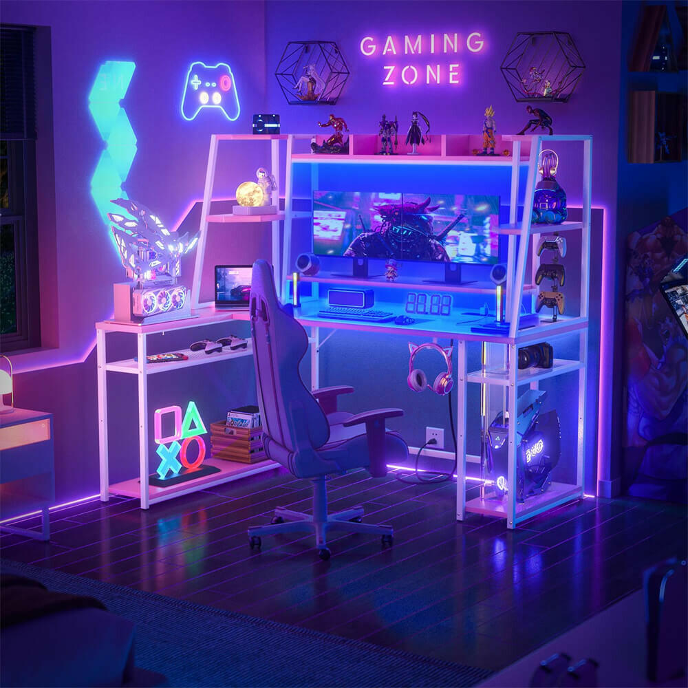 Unikito L Shaped Gaming Desk with LED Lights & Power Strips, 63'' Reversible Gaming Table Desk with Hutch, L-Shaped PC Gaming Desk with Storage, L Gamer Desk with Monitor Stand & Hook