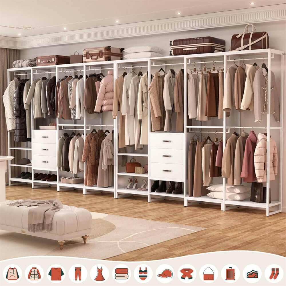 Unikito Clothes Rack Wardrobe Closet for Hanging Clothes Heavy Duty Garment Rack, Large Corner L Shaped Closet System Organizers Walk-in Closet for Bedroom with 11 Shelves, 3 Wood Drawers