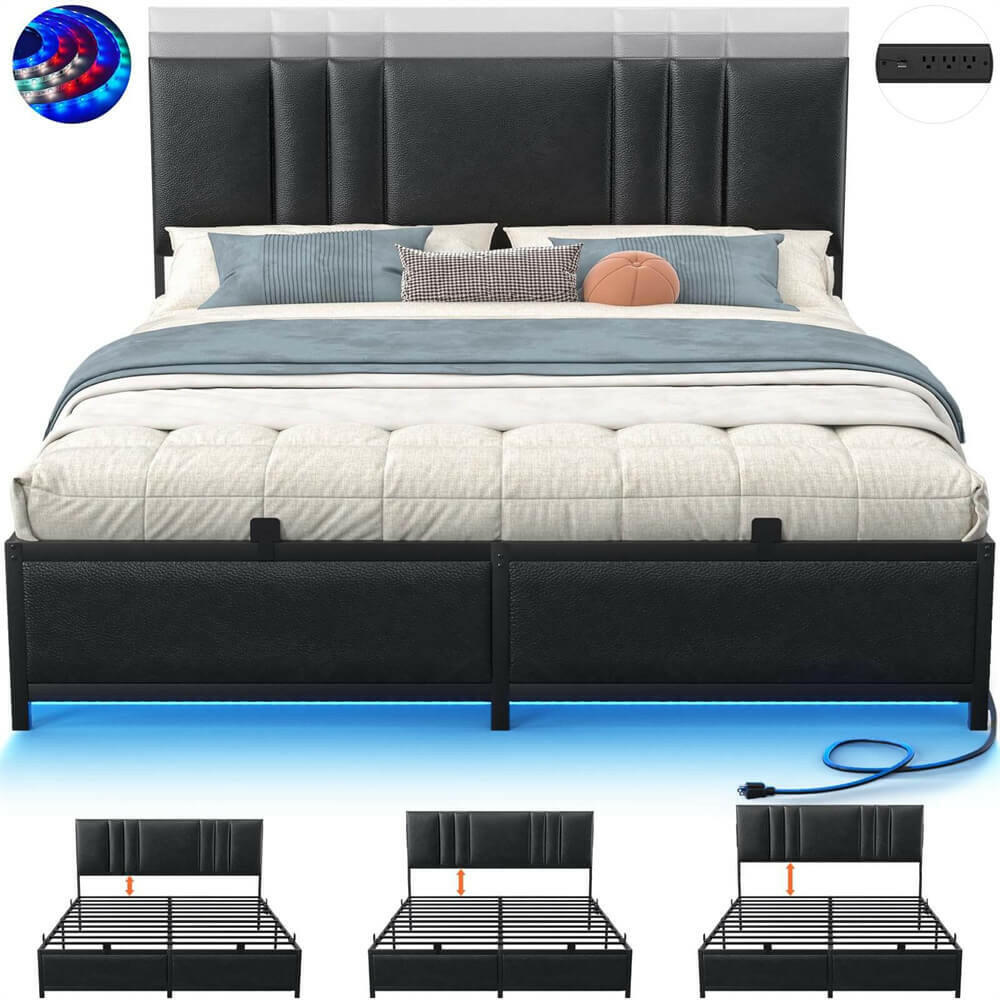 Unikito Black Metal Bed Frame with 3 Height Adjustable Headboard, Upholstered Leather Platform Bed with LED Light & Charging Station, Stable Metal Frame Support, No Box Spring Needed, Noise Free