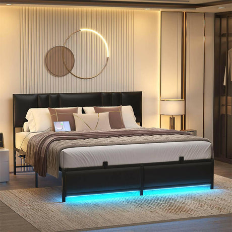 Unikito Black Metal Bed Frame with 3 Height Adjustable Headboard, Upholstered Leather Platform Bed with LED Light & Charging Station, Stable Metal Frame Support, No Box Spring Needed, Noise Free