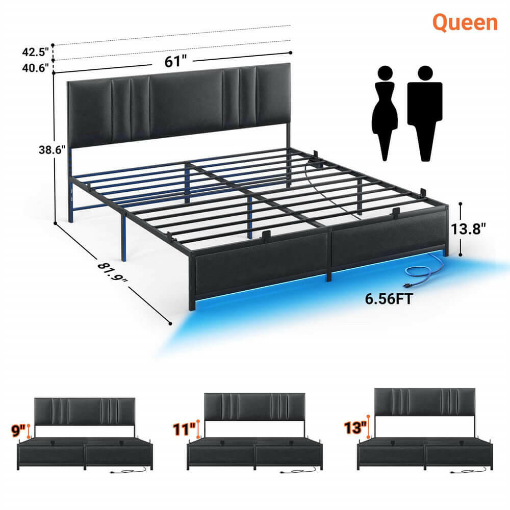Unikito Black Metal Bed Frame with 3 Height Adjustable Headboard, Upholstered Leather Platform Bed with LED Light & Charging Station, Stable Metal Frame Support, No Box Spring Needed, Noise Free