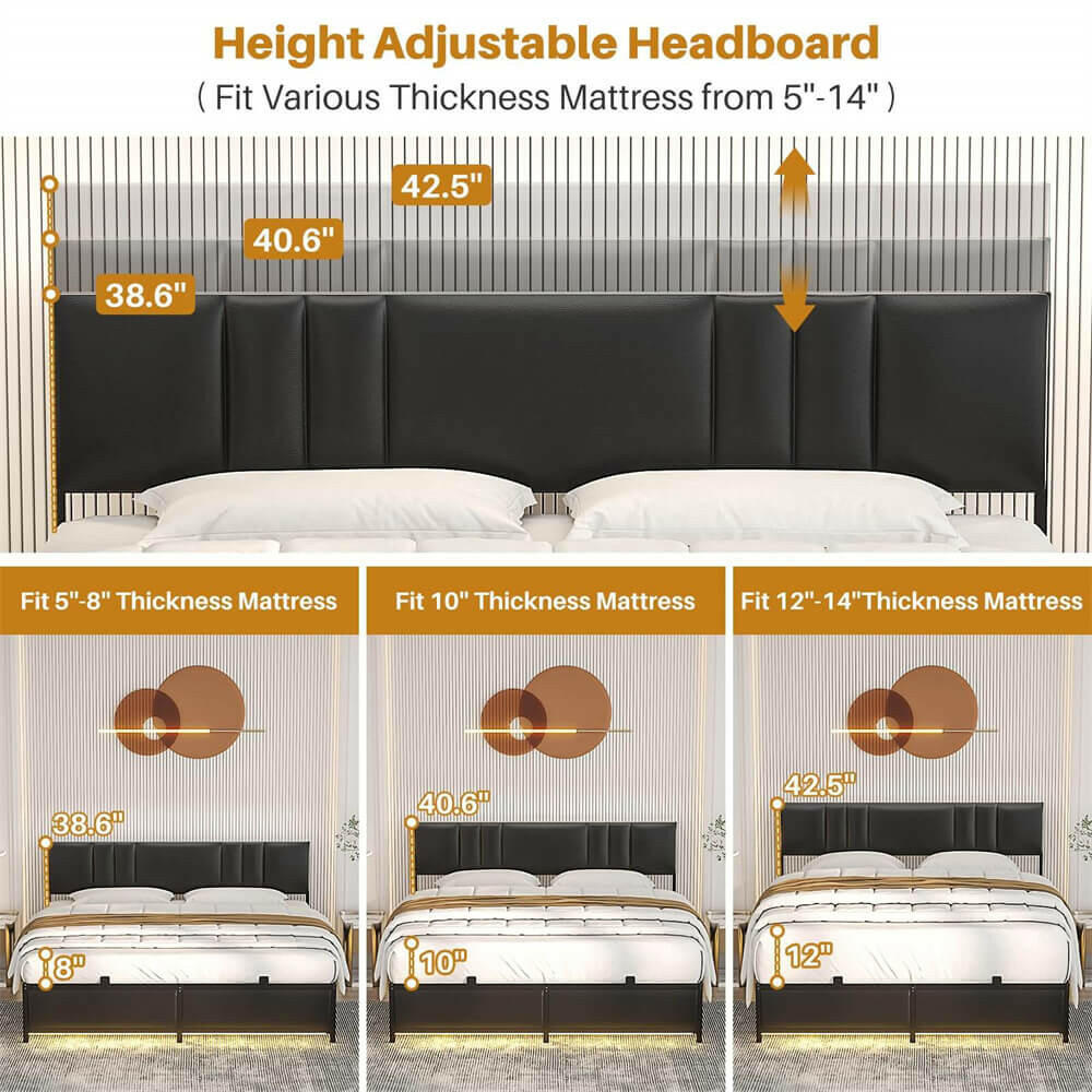 Unikito Black Metal Bed Frame with 3 Height Adjustable Headboard, Upholstered Leather Platform Bed with LED Light & Charging Station, Stable Metal Frame Support, No Box Spring Needed, Noise Free